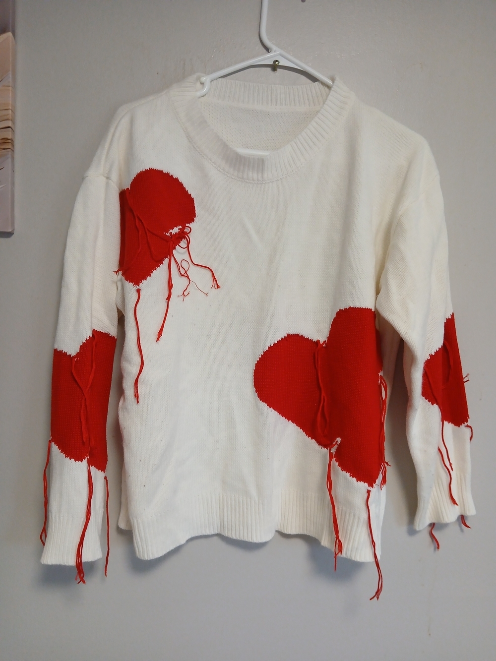 Women’s Cream Crewneck Sweater with Red Heart Appliqués